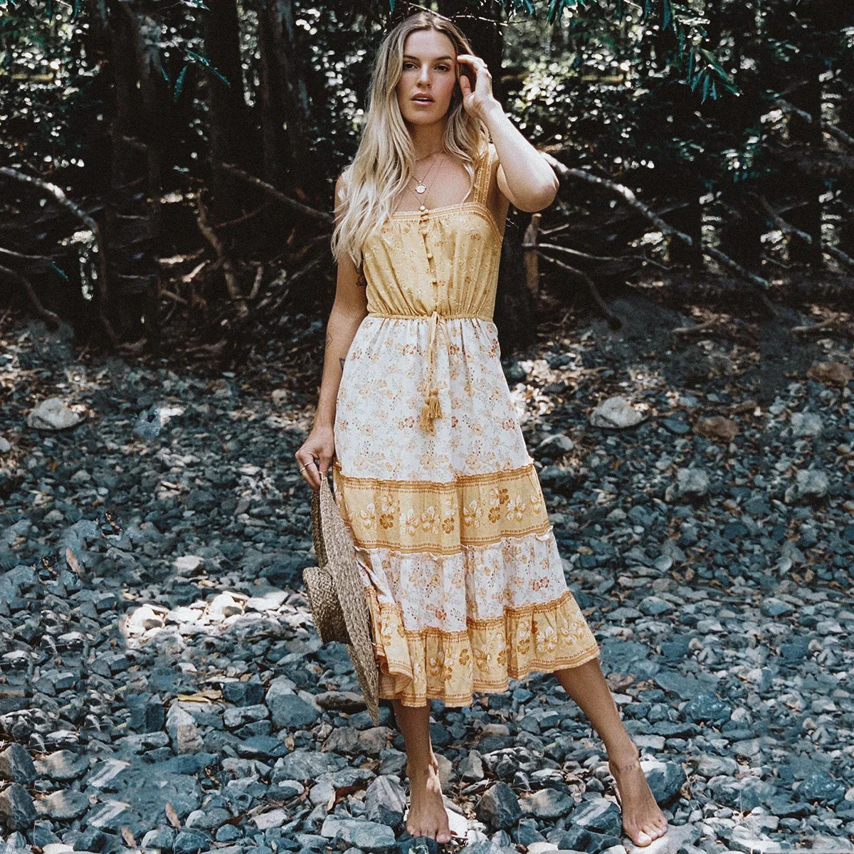 Bohemian Strap Slip Dress Yellow Floral Print Women Sleeveless Midi Boho Hippie Chic Beach Party Wear Dresses Summer | Женская одежда