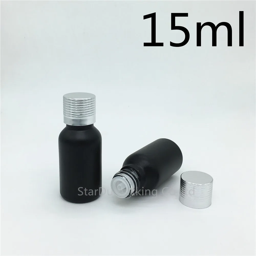 

240pcs 15ML Black Frosted Glass Bottle 15ml Vials Essential Oil Bottle Silvery Aluminum Screw Cover Perfume Bottle
