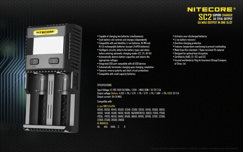 NITECORE SC2 SC4 Батарея Зарядное устройство для батарей Li-Ion(литий-ионных батарей IMR LiFePO4 металл-гидридных или никель NI-CD 18650 17650 17670 16340 14500 батареи Батарея