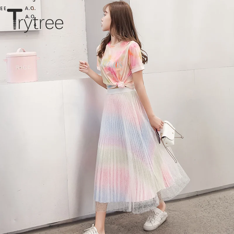 Trytree/летний женский костюм из двух предметов повседневный топ с круглым вырезом и