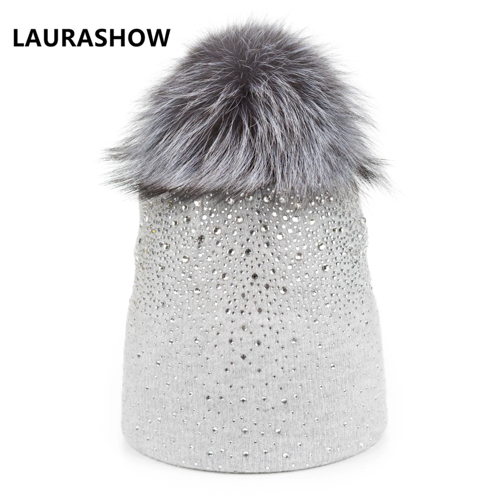 Женские вязаные шерстяные шапки с помпонами из натурального меха норки зимние