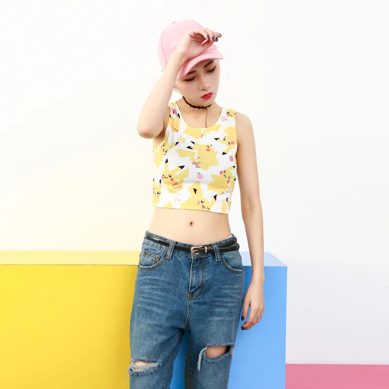 Summer Harajuku Sexy Girls Navel Tank Top Pokemon Pocket Monster Pikachu Print Bustier Crop Tops Vest Camisole Short Shirt | Женская