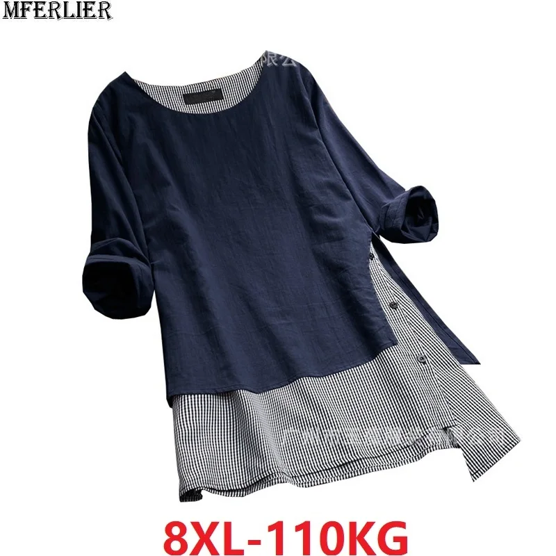 Осеннее женское платье размера плюс 6XL 7XL 8XL лоскутное клетчатое повседневное