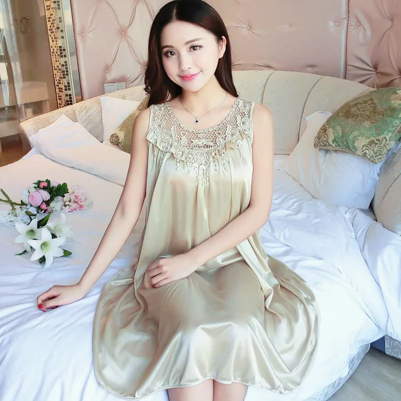 Silk nightgown Сексуальные ночные рубашки, кружевное Ночное платье средней длины с v-образным вырезом, шелковое кружевное ночное белье, женские платья, рубашки, пижамы, белье Babydoll - Цвет: Silk nightgown