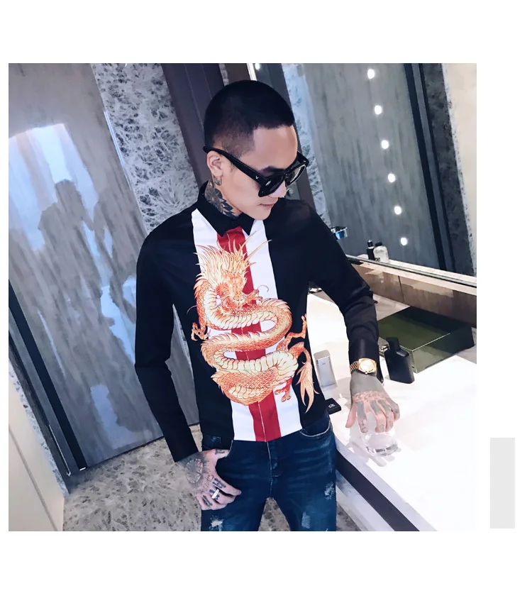 Роскошные сплайсированные ночной клуб смокинг модное платье рубашка Camisa Hombre Slim Fit рубашка Мужская Уличная с принтом дракона Мужская рубашка мужские рубашки