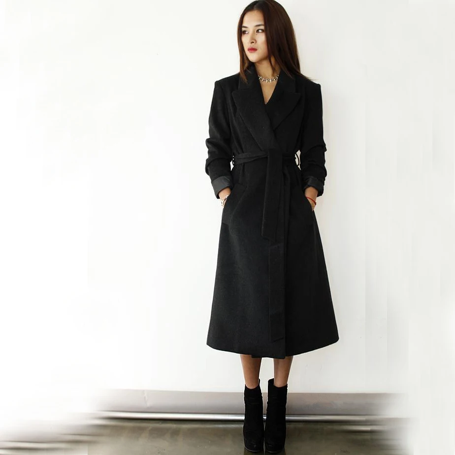Фото Женское шерстяное пальто длинное черно-красное по скидке размера плюс S-XXXL |