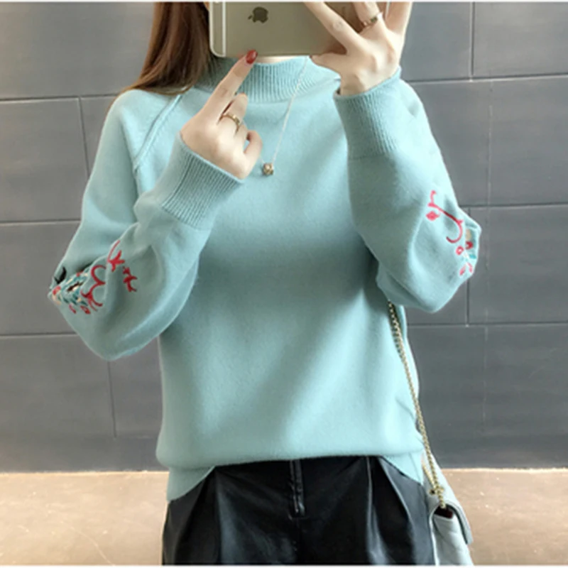Girl Autumn Winter Plus Size Long Sleeve Knitted Sweater Female Embroidered Half Turtleneck Loose Pullover F280 | Женская одежда