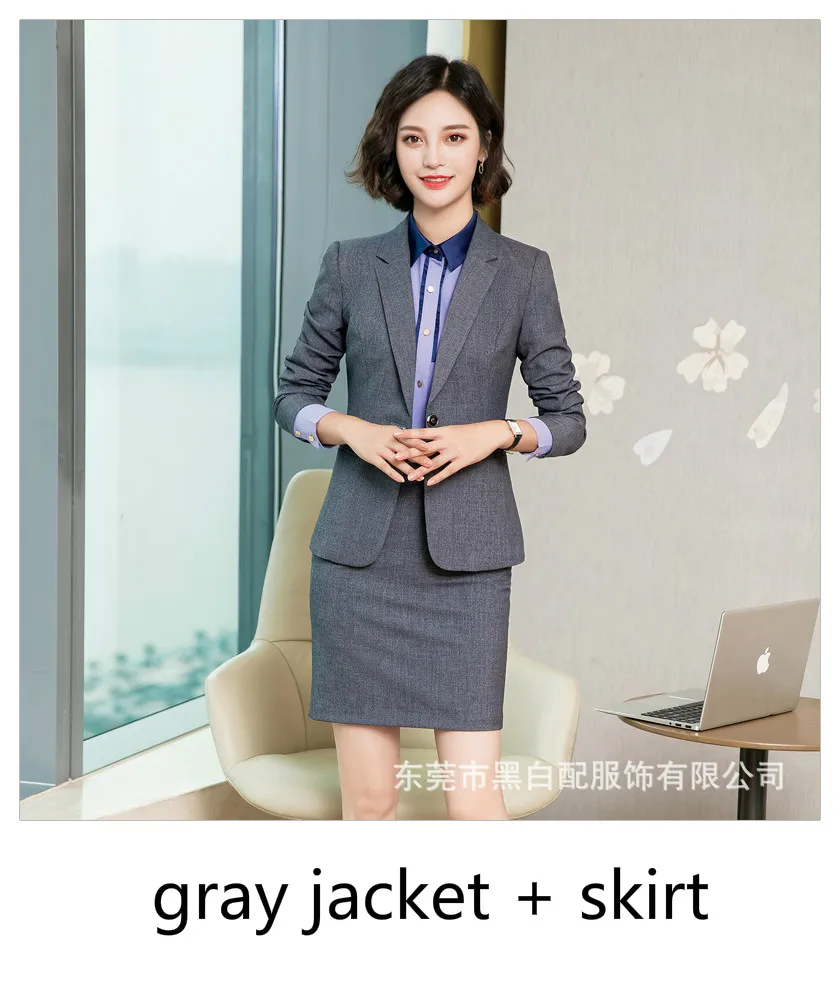 gray blazer skirt Высокое качество дизайнерский Блейзер женский с длинным рукавом на пуговицах костюм куртка-блейзер внешний Темно-Синий Серый Черный офисный Женский блейзер - Цвет: gray blazer skirt
