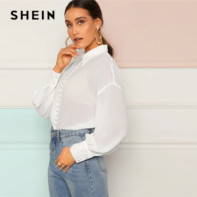 SHEIN Полупрозрачный Топ С Оригинальным Рукавом И Пуговицами, Офисная Блуза С Длинным Рукавом