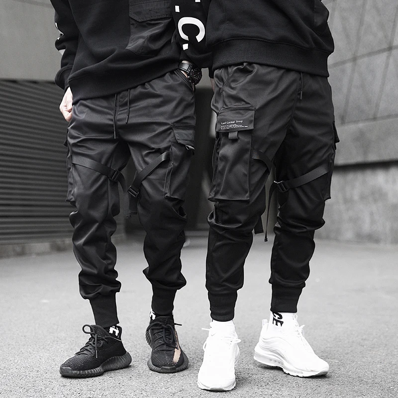 Мужские брюки-карго с лентами и карманами, черные брюки-султанки с цветнымиблоками, Джоггеры в стиле Харадзюку, спортивные штаны в стиле хип-хоп, 2023
