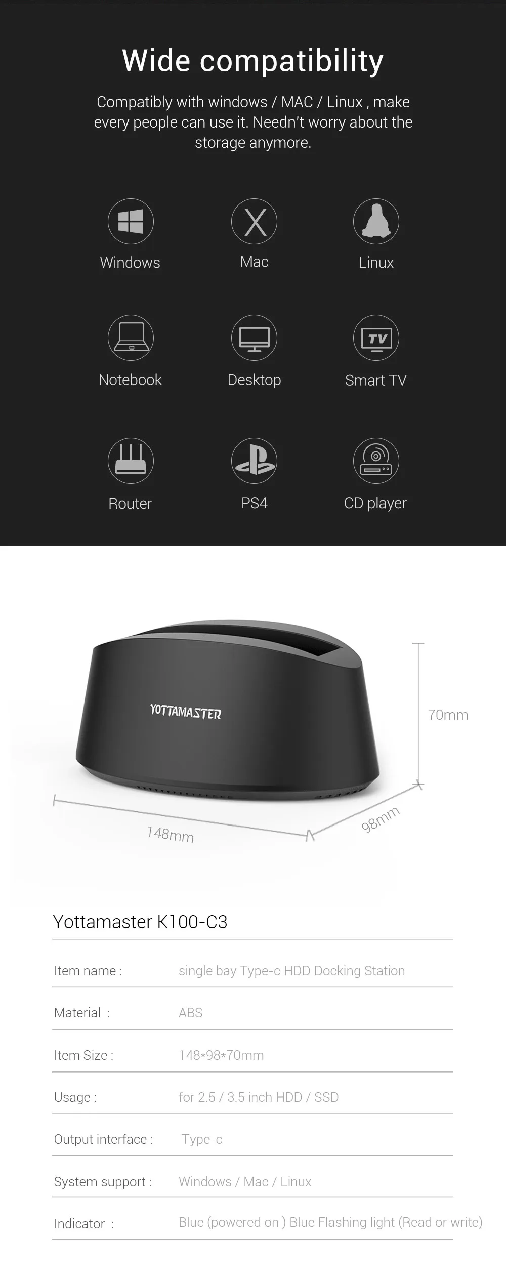 Yottamaster USB3.1 Gen1 type-C внешний жесткий диск Док-станция SATA 3,0 для 2,5/3,5 дюймов HDD SSD поддержка 10 ТБ& UASP