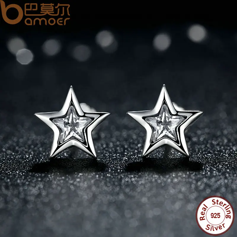 BAMOER Starshine, прозрачный Фианит, 925 пробы, серебряная звезда, пуш-ап, женские серьги-гвоздики, ювелирные изделия, Brincos Pendientes Mujer PAS436