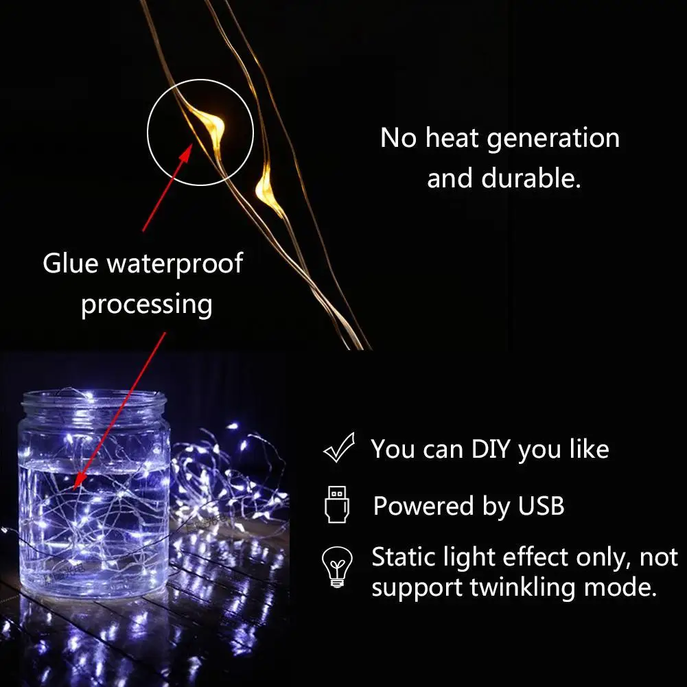 5 м 50LED водонепроницаемый IP66 USB Питание DC 4 V Серебристая проволока сказочная