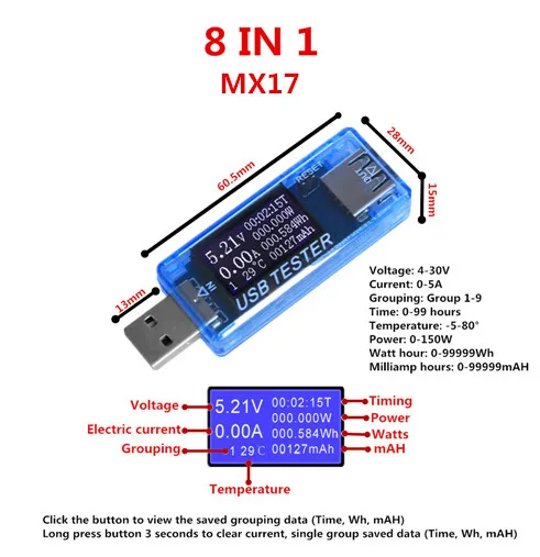 USB ток и напряжение зарядное устройство Емкость тестер доктор измеритель мощности текст вольтметр 24 - Цвет: 8IN1 Blue
