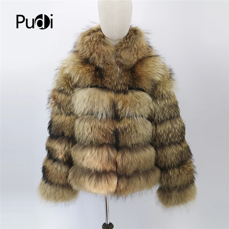Pudi CT909-2 женская новая модная куртка из натурального меха енота с v-образным вырезом леди собака с капюшоном или стоячим воротником натуральный мех пальто
