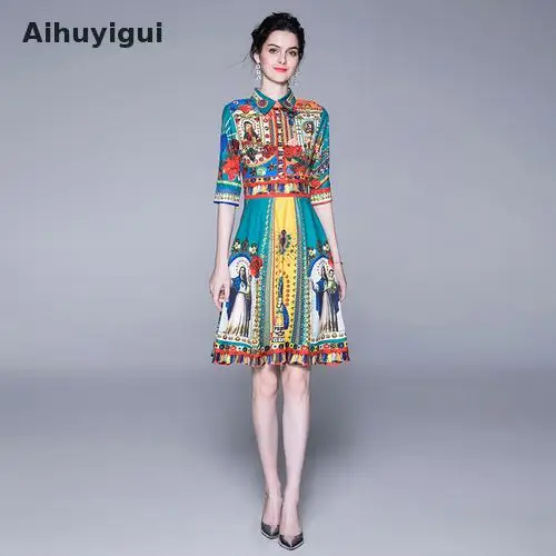 Aihuyigui летнее женское платье с отворотом и цветочным принтом, элегантная рубашка с рукавами, винтажное повседневное вечернее платье, vestidos Ru495