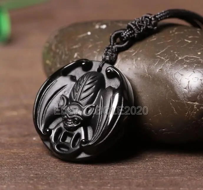 free shipping 100% Natural Black Obsidian Carved Chinese Bat Fu Lucky Pendant + Necklace gemstone fine jewelry | Украшения и