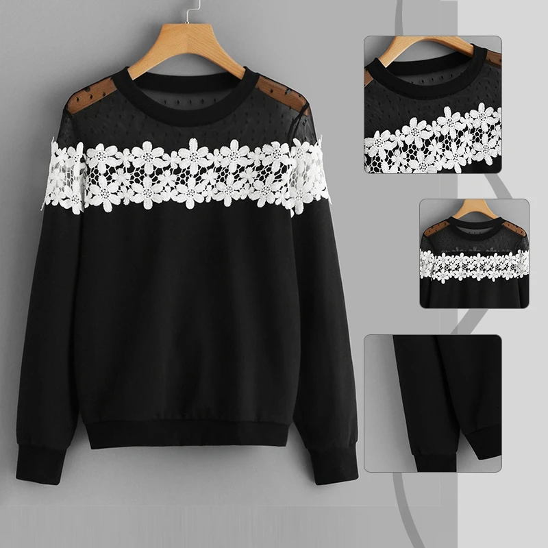 SweatyRocks черная контрастная Кружевная футболка с длинным рукавом и круглым вырезом Повседневные пуловеры Весенняя уличная одежда цветочные женские толстовки