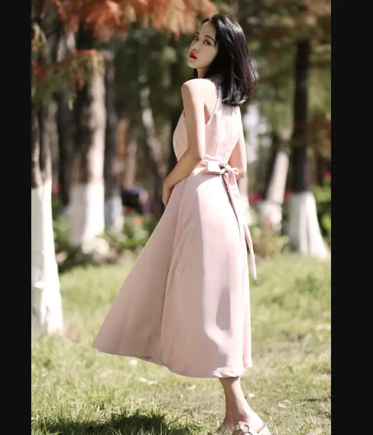 

Pink Solid Halter Mid Dress Sleeveless Bandage Women Summer Dresses Female Vestidos