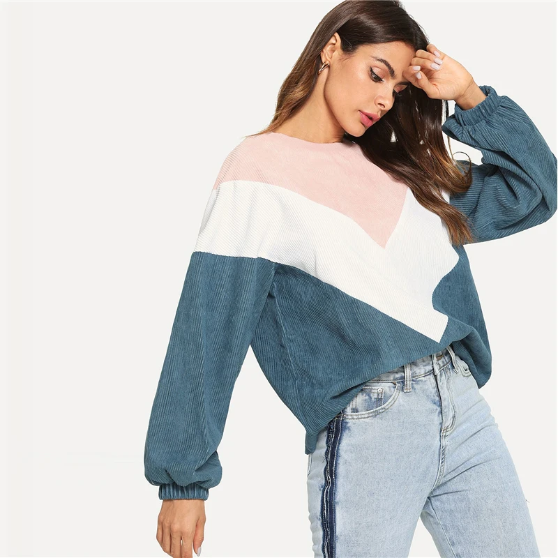 SHEIN разноцветная толстовка с вышивкой и шевроном, элегантный дизайн, круглый вырез, рукава Бишопа, пуловеры, женские осенние цветные толстовки
