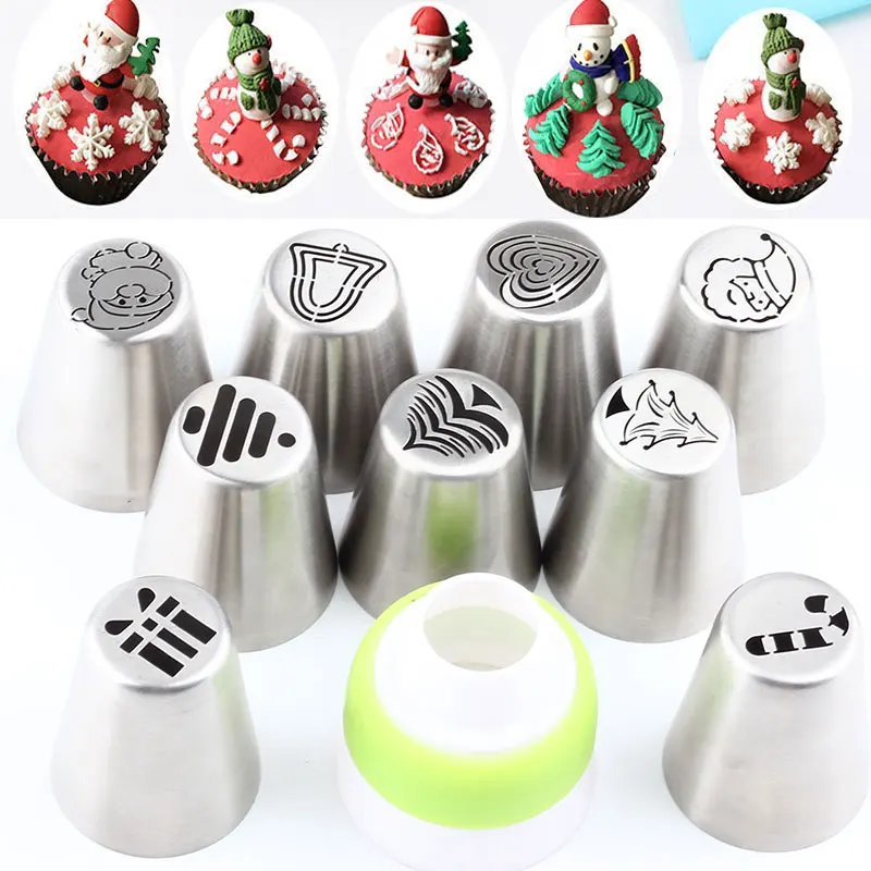 

9Pcs Icing Piping Christmas Russian Tips Pastry Nozzles And 1Pcs Coupler Converter Pastry Stainless steel Baking Confectionery