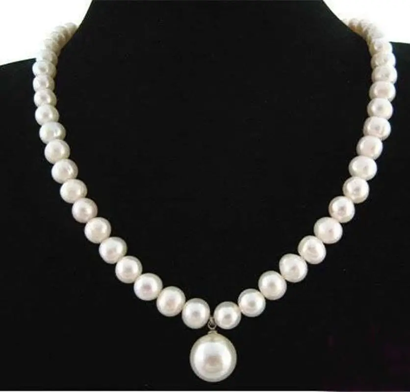 

7-8MM Natural White Akoya Cultured Pearl/ Shell Pearl Pendant(12MM) Necklace 18"