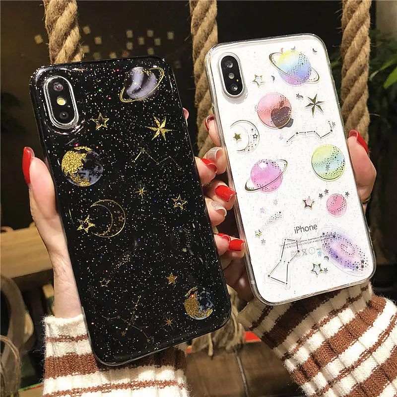 Epoxy Glitter Sequins Planet Saturn For Iphone 66S 6P 78 78plus Xxs Xr Xsmax Lucky Cat Anti-Drop Transparent Protective Cover |