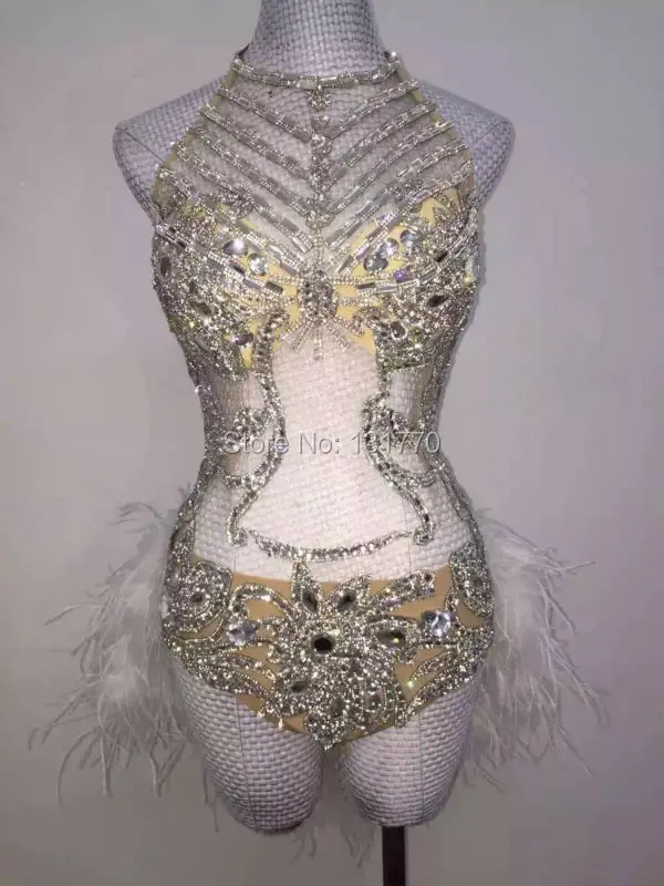 Glisten Silver Sequins Bodysuit Rhinestones Feather Leotard  Costume Birthday Celebrate Outfit Women Stage Performance Wear