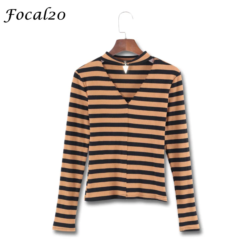 Focal20 Harajuku Весенняя трикотажная Женская Полосатая футболка с длинным рукавом