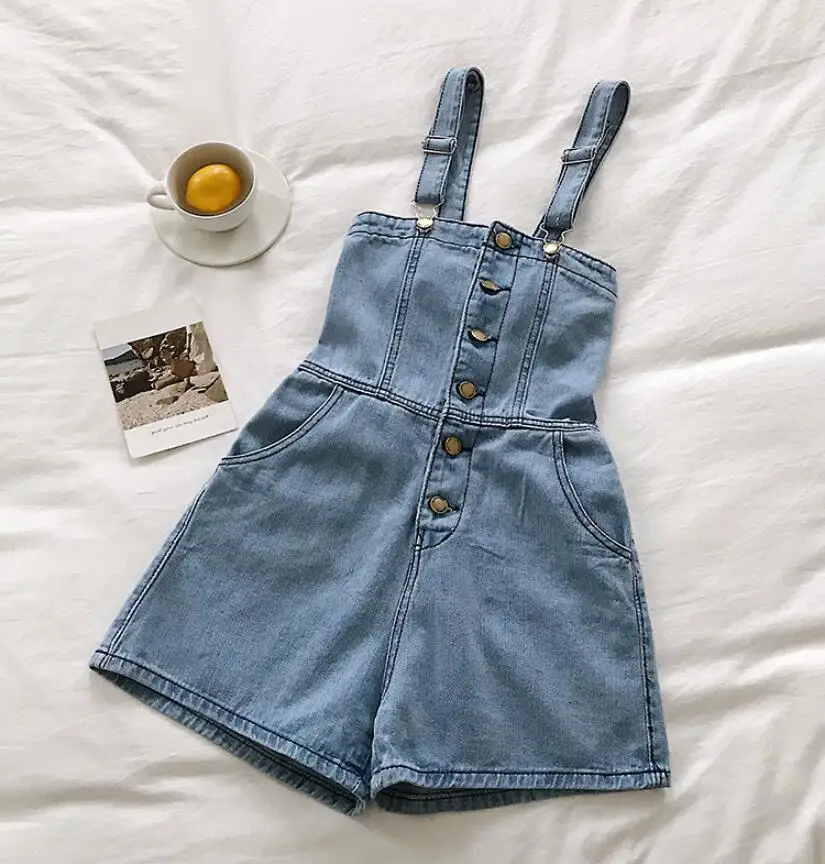 light blue Sexy Denim Overalls Women Summer Buttons Up Playsuit Jeans Romper Combinaison Female Elegant Jumpsuit Femme Jean Shorts Bodysuit - Цвет: light blue