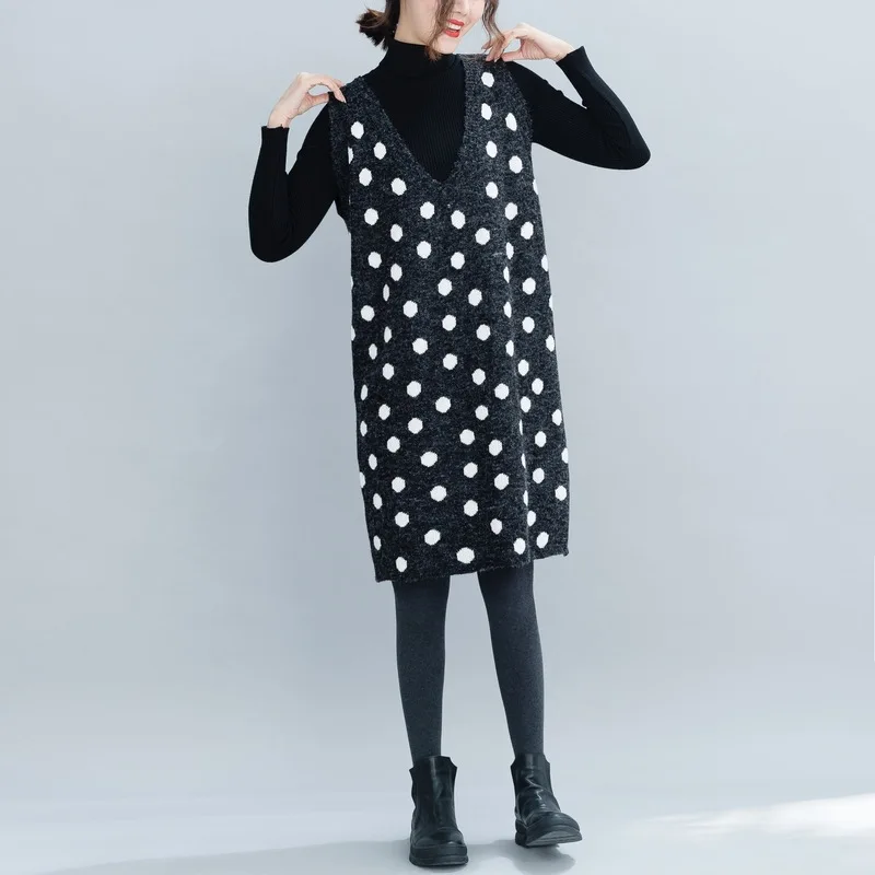 2018 autumn and winter large size women's loose sweater Two-piece suit fashion dot V-neck casual long sweaters | Женская одежда