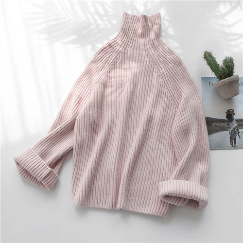 light pink Зимний теплый свитер-водолазка для женщин, Свободный корейский конфетных оттенков, пуловеры, Свитера с высоким воротником, вязаные свитера больших размеров - Цвет: light pink