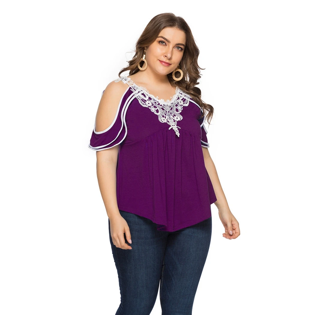 Женская блузка с открытыми плечами Кружевная туника оборками и v образным