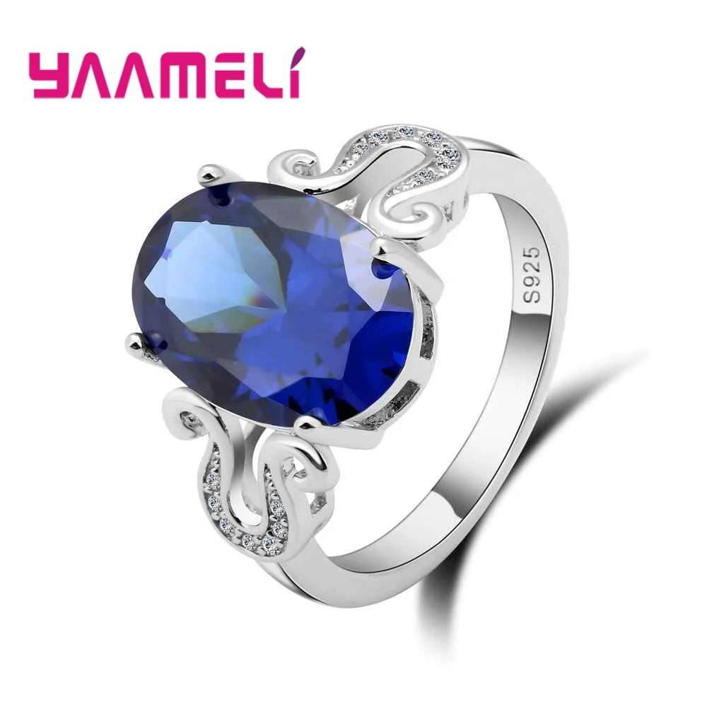 

New Fashion Women Female Elegant Jewelry 925 Sterling Silver Geometric Ring Big Bule Cubic Zirconia Crystal Wholesale