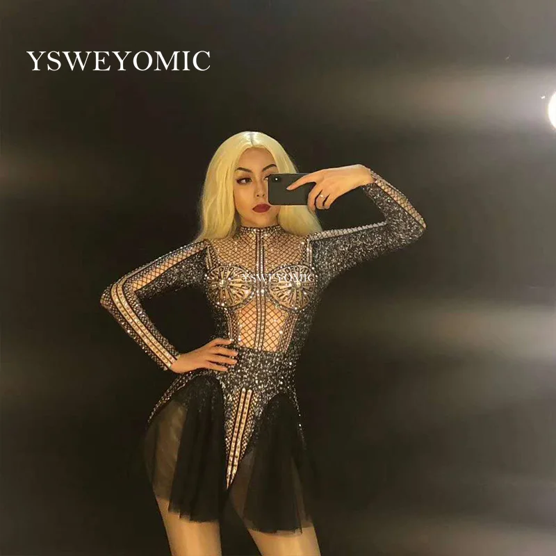 

2019 блестящие серебряные стразы стрейч боди женские вечерние танцевальная одежда для ночного клуба праздновать наряд певица Show наряд