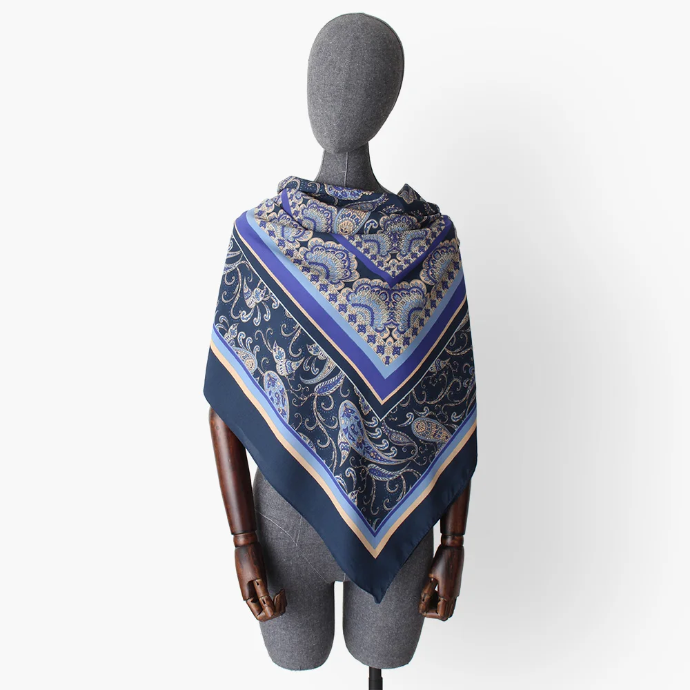 women georgette satin silk square scarf blue paisley print headband bandana lady hijab bufanda shawl 130*130 cm super large | Аксессуары