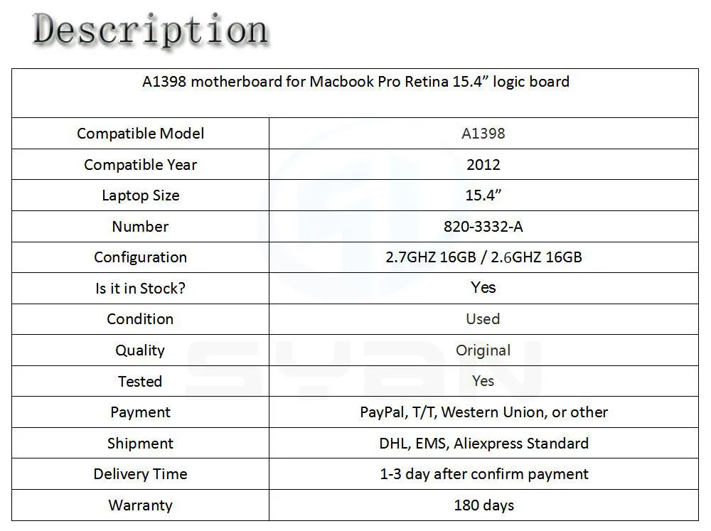 A1398 материнская плата для Macbook Pro retina 15," 2,7 ГГц 16 Гб материнская плата 820-3332-A 2012