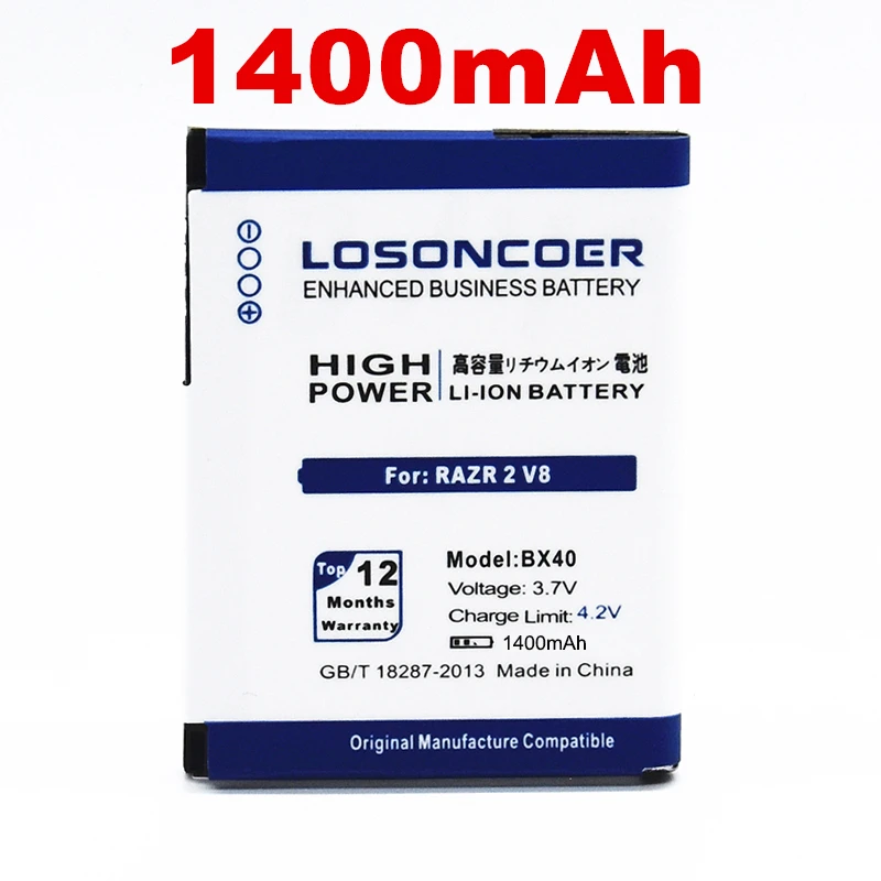 100% Оригинальный LOSONCOER 1400 мАч BX40 Высококачественный аккумулятор для MOTOROLA RAZR2 V9 V8 RAZR