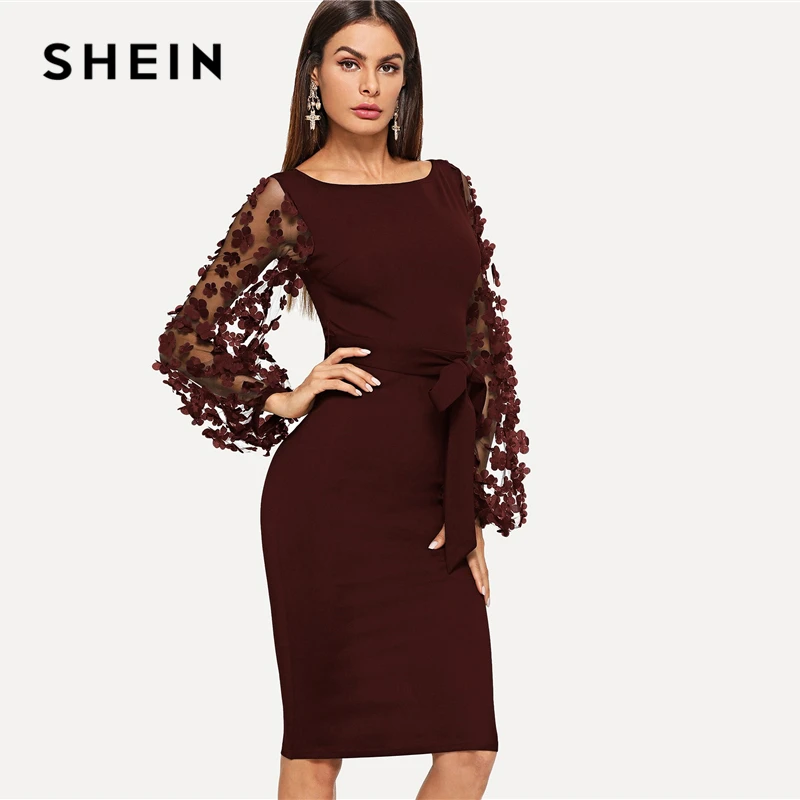 SHEIN Облегающее Платье С Оригинальным Рукавом, Платье С Цветочной Аппликацией, Однотонное Миди Платье