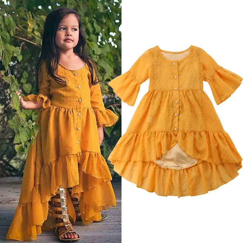 2018 Princess Fashion Toddler Baby Girls Boho Party Dress Long Flare Sleeve Single Breasted Ruffles A-Line Yellow 1-5Y | Детская одежда