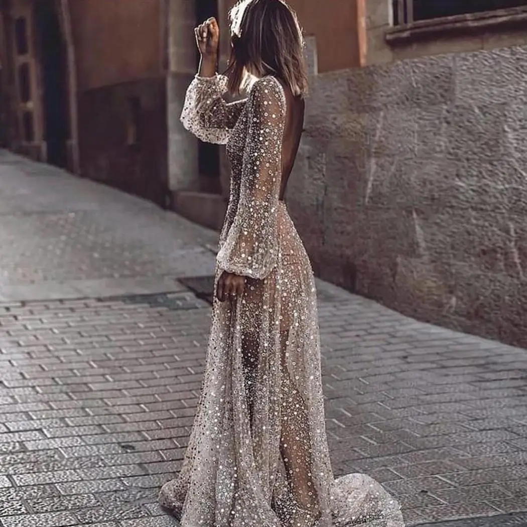 Женское модное платье с v образным вырезом и длинным рукавом просвечивающее