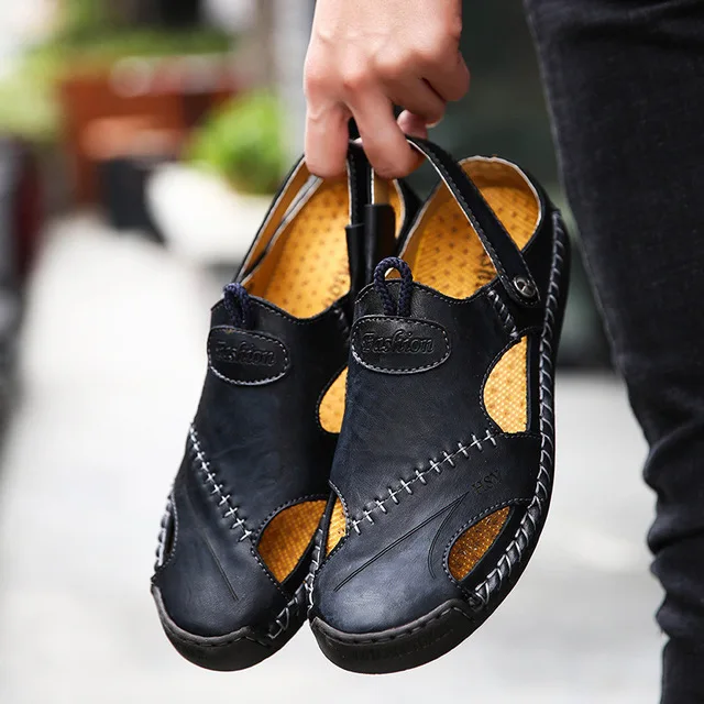 

Dropshiping Men Summer Leather Classic Roman Sandals 2019 Slipper Outdoor Sneaker Beach Rubber Flip Flops Men Water Trekking