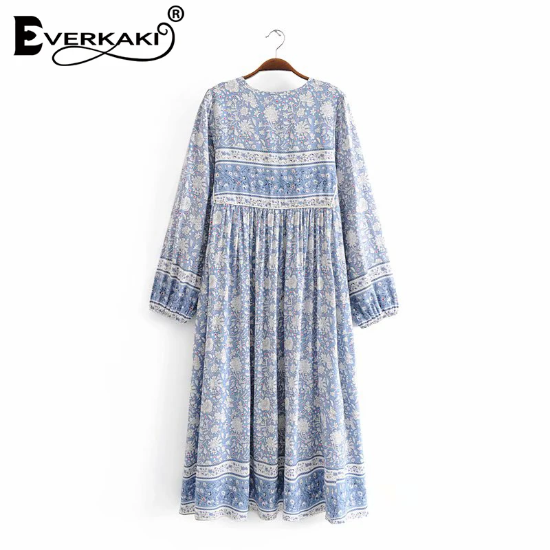 Everkaki Gypsy/длинное платье с принтом для женщин Boho кисточки длинным рукавом синее