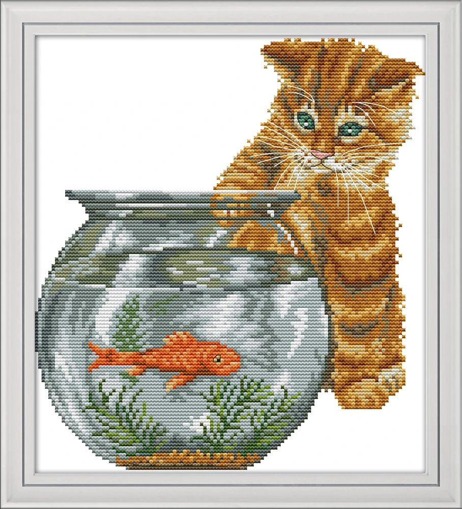 

Cat and fish cross stitch kit aida 14ct 11ct count print canvas cross stitches needlework embroidery DIY handmade