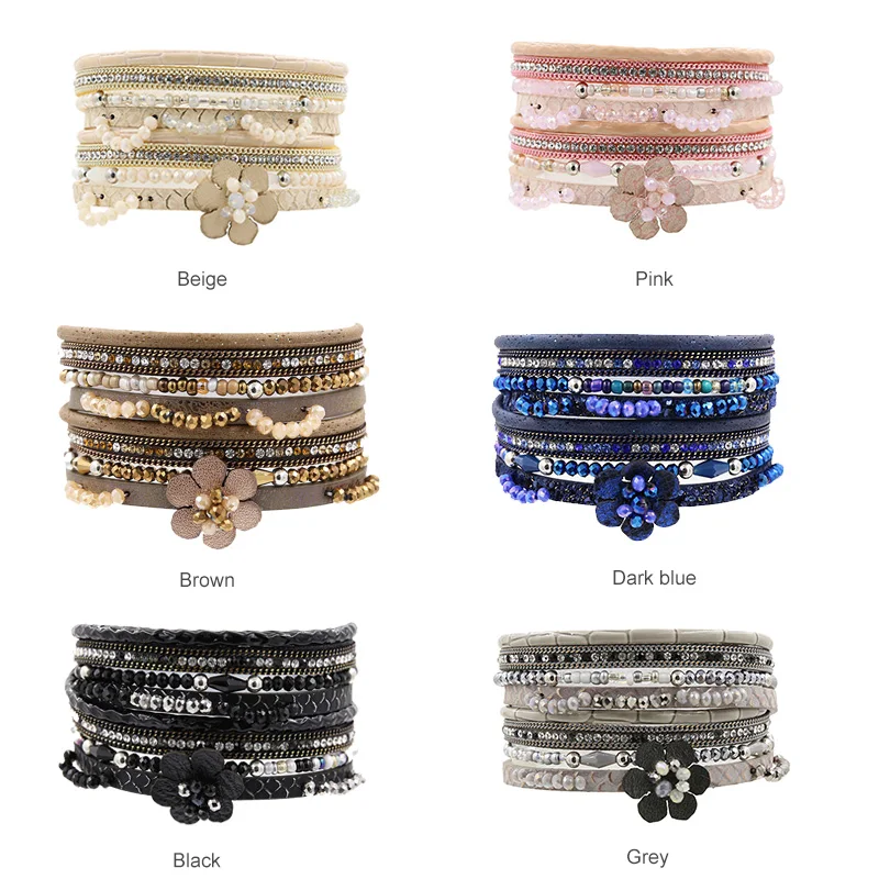 2019 Bohemia flower Leather bracelet For Women Multi-layer Beads Charm Wristband Crystal Magnetic Bracelets Jewelry | Украшения и