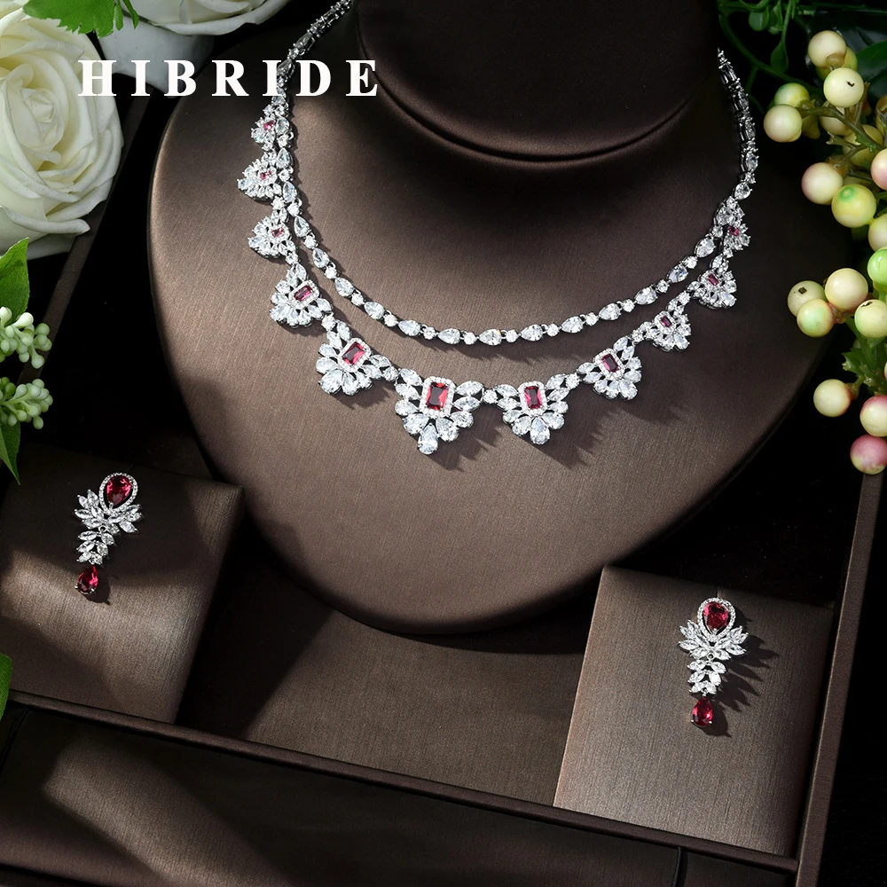 

HIBRIDE Beautiful White and Red CZ Stone Pave Women Jewelry Sets Female Necklace Earrings for Travel Party Show N-1039