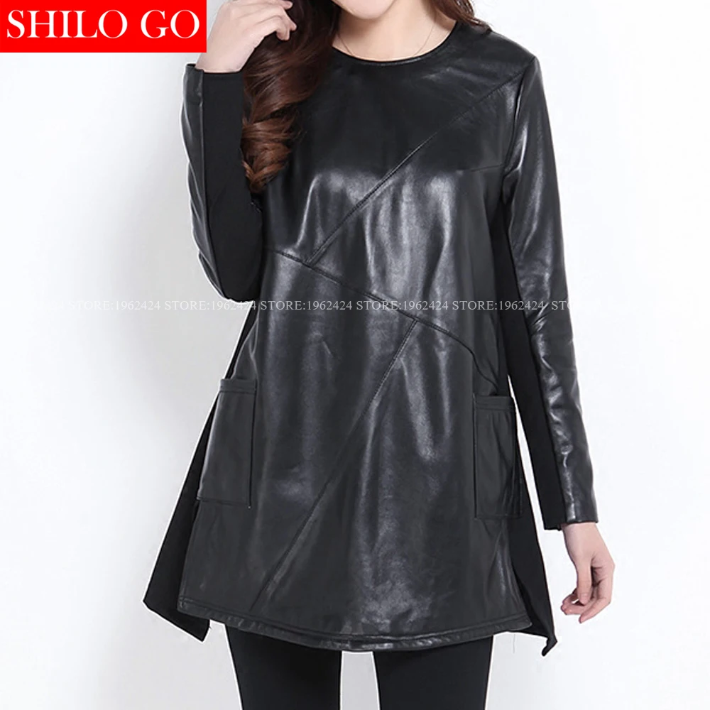 Женское платье большого размера Черное длинное из натуральной овчины с о-вырезом