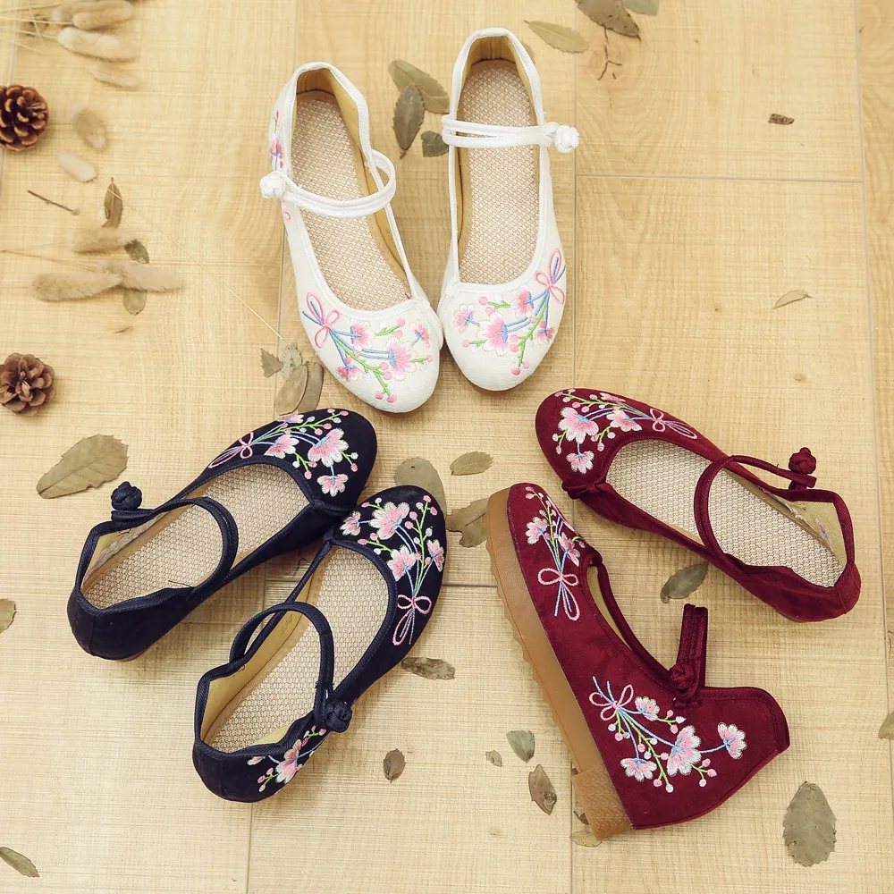 Veowalk New Women Cotton Fabric Embroidered Flat Platform Ankle Strap Thick Bottom Ladies Soft Comfortable Embroidery Shoes | Обувь
