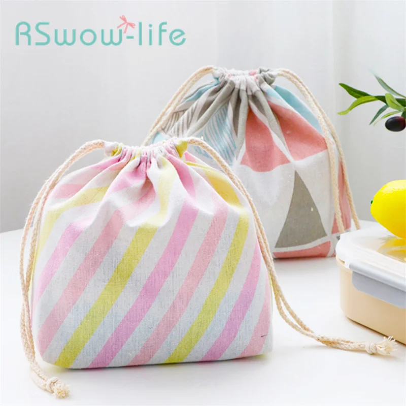 

Cute Cotton And Linen Simple Lunch Box Bags Bundles Handbags Student Lunch Bags Hangable Rope Pulling Travel Portable Home Bag