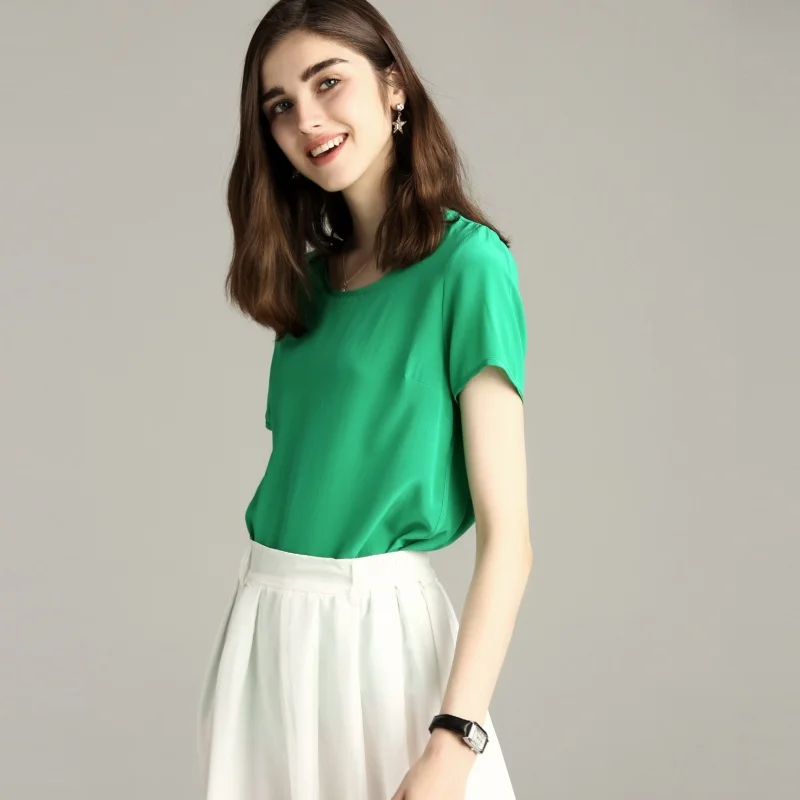 Женская шелковая рубашка 100% натуральная Нижняя Футболка однотонная с круглым